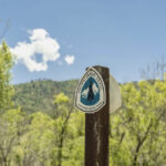 In the foreground, a wooden post with the Pacifc Crest Trail Marker, the background shows bright, lime green leafy trees and a blue sky with one cloud.