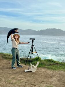 An interpretive ranger stands on the bluffs overlooking the ocean in front of a video conferencing device on a tripod. On the ground in front of the tripod is a whale spine bone. In the interpretive rangers hand is a large gray whale puppet.
